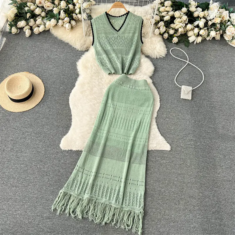 

Tassel Woven Design Holiday Style Suit Women's Hollow Out Bodycon Skirt+Sleeveless Short Vest Two-Piece Set Summer Outfits Z333