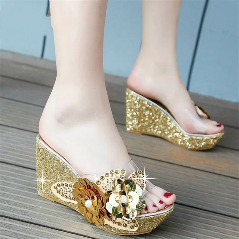 2023 Summer New Wedges Sandals Women Sexy Crystal Transparent High Heels PVC Slippers String Bead  Slippers Fashion Gold Shoes