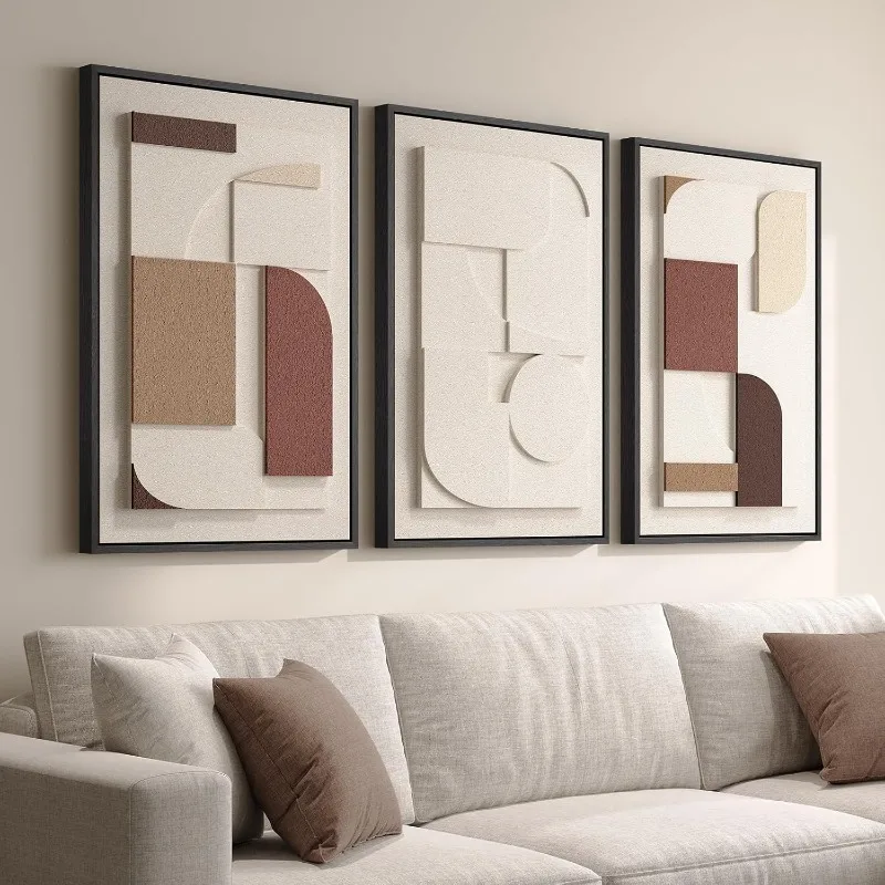 

Large framed 3D textured living room wall art, brown and tan geometric textured art wall art