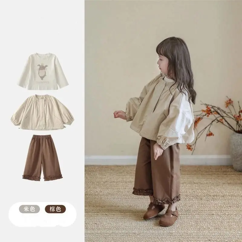 2026 New Spring Autumn Japanese Style Solid Color Casual Jacket For Baby & Little Girls, Loose Fit Fashion Kids Outerwear