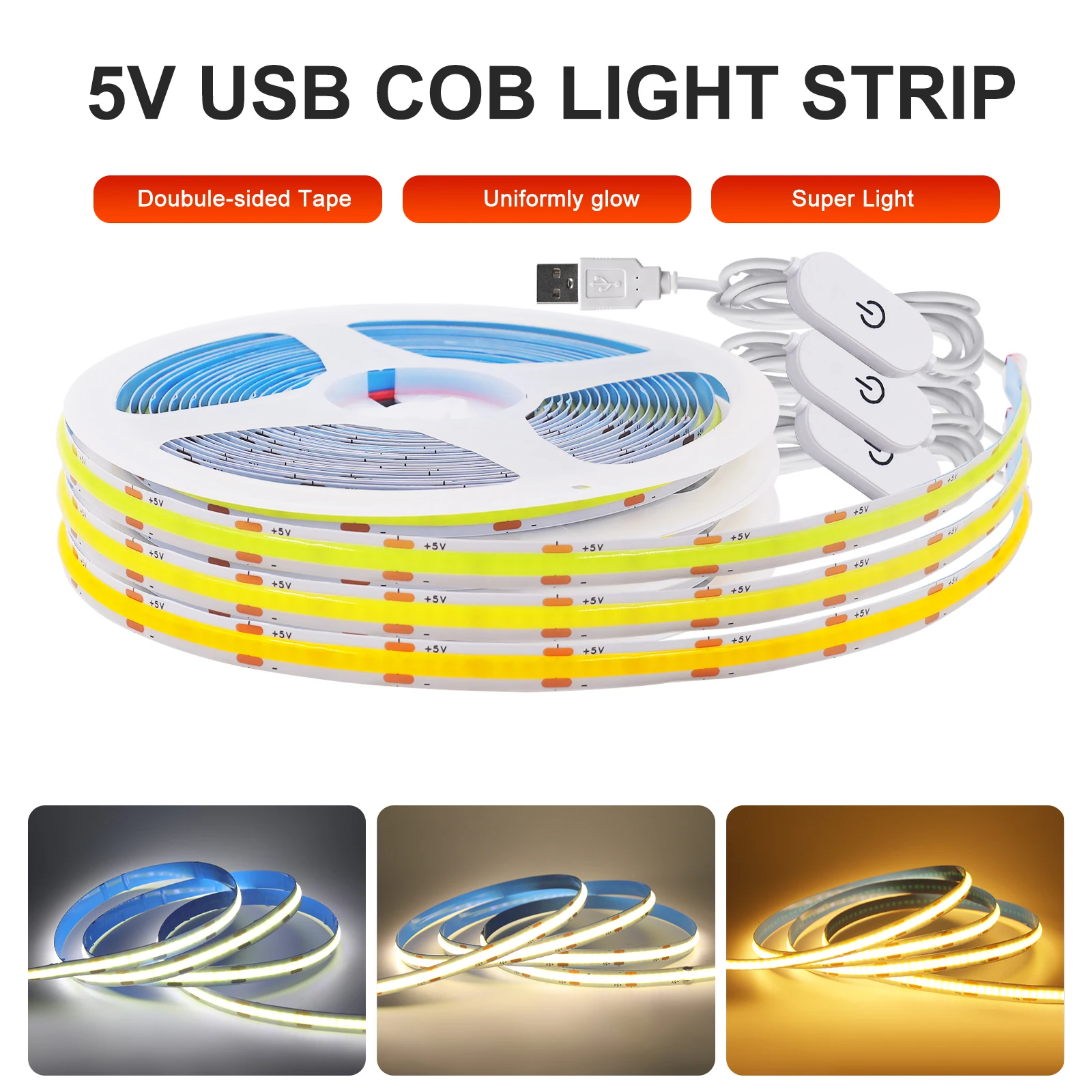 5V USB COB LED Strip 0.5m-5m 320LEDs/m Touch Sensor Dimmable Flexible Tape for DIY TV Mirror Backlight  Kitchen Room Lamp