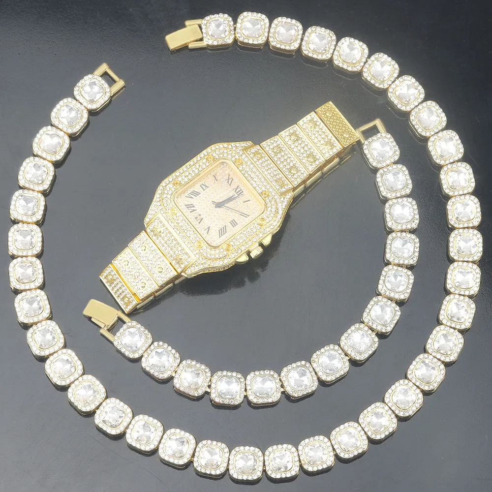 3pcs Stylish Watch Set Luxury Hip-hop Punk Sugar Cube Chain+Bracelet+Square Watch 3-in-1 Set Men Street Style Trend Jewelry Gift