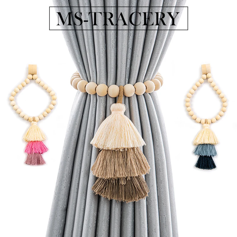

Wooden Bead Tassel Magnetic Curtain Tiebacks - Handmade Polyester Silk Curtain Holdbacks, No Drill Rust-Resistant Curtain Buckle