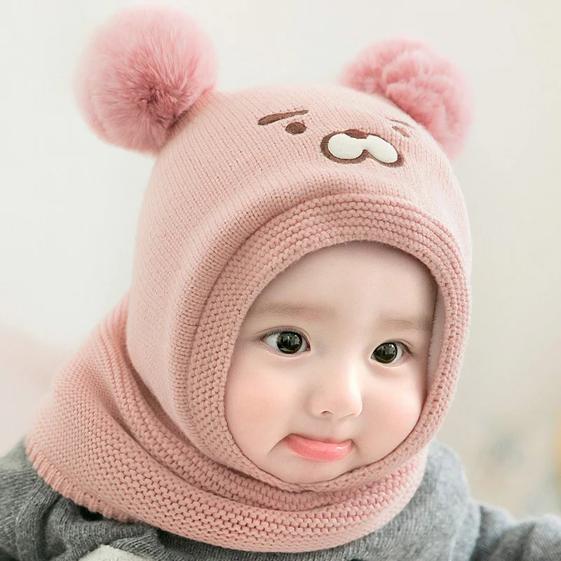 

Baby Double Plush Ball One Piece Scarf Cap Kids Bear Ear Protection Hat 4-30M Kids Hooded Beanie Winter Warm Plush Neckerchief