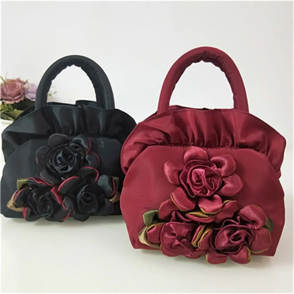 

Retro Satin Silk Hanfu Flower Drawstrings Bag Ruffle Ethnic Style Rose Flower Handbag Wrist Bag Leaf Small Purse Wallet Shopping