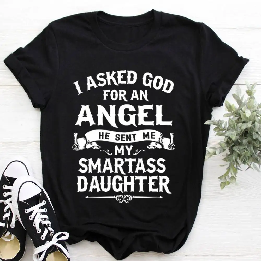 Camiseta Feminina com Estampa 'Minha Filha é Anjo', Manga Curta, Gola Redonda, Solta, Blusa Feminina, Roupas, Camisetas Mujer
