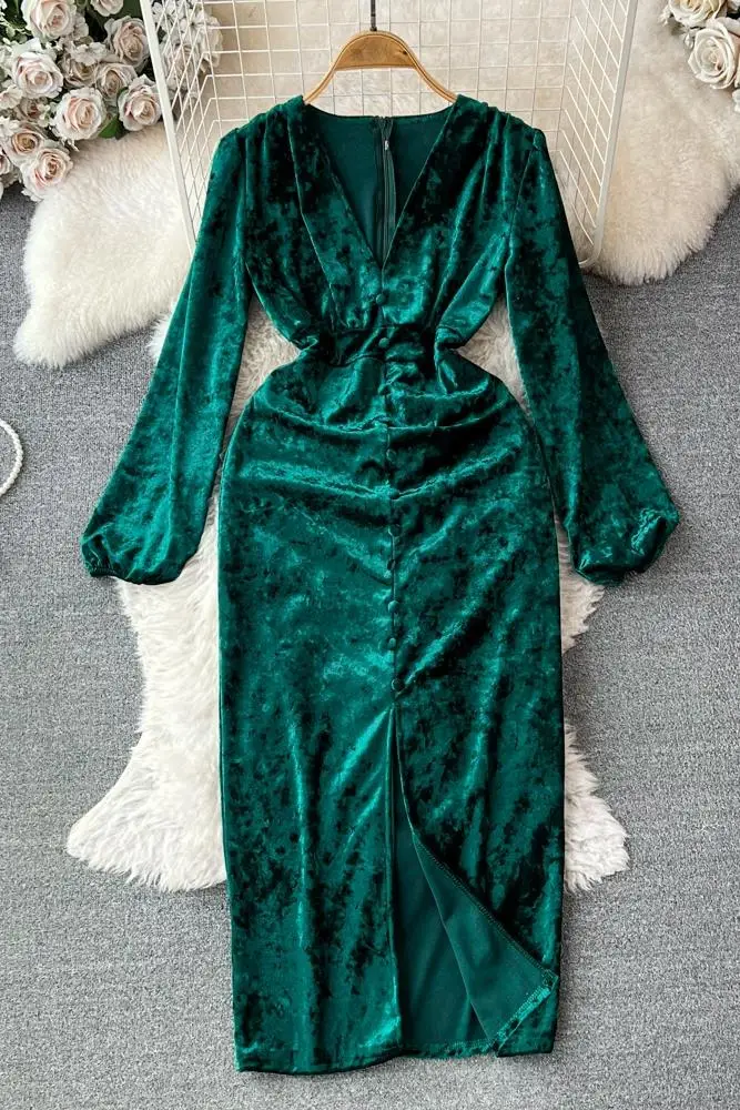 Ele Velvet Bubble Sve V-Ne Slimming Mid-Length Wrap Bodycon Dr Korean Sle Commute Pure Color Autumn Faion