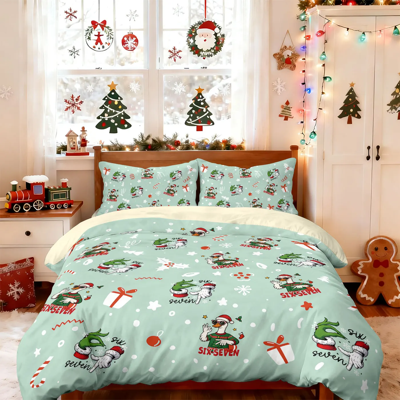 

3pcs Merry Christmas cartoon goose print coreless duvet cover set multi size bedroom bedding holiday decoration machine washable