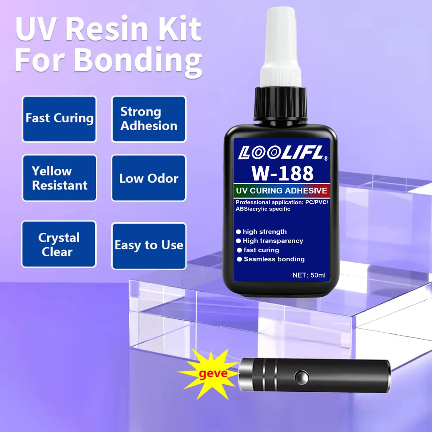 W-183 New Strong High Hardness 50ml Clear UV Resin Glue Curing Adhesive UV Curing For DIY Crystal Craft Repair Glass Metal ABS