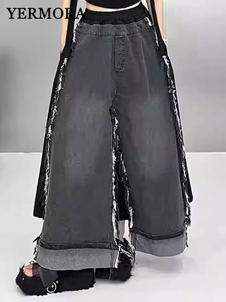 

YERMORA High Elastic Waist Black Spliced Denim Burr Half Body Skirt For Women Loose Fashion Tdie Spring Summer 2025 New