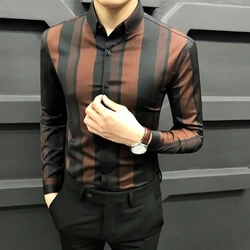 Turn-down Collar Spring Autumn Men's Clothing Long Sleeve Striped Button Cardigan Contrast Color Shirt Casual Formal Tops