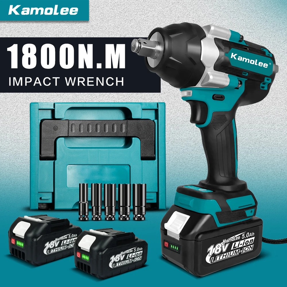 Kamolee 1800 n.m chave de impacto sem fio de alto torque 18v-21v 1/2 Polegada bateria recarregável sem escova conjunto de ferramentas chave elétrica