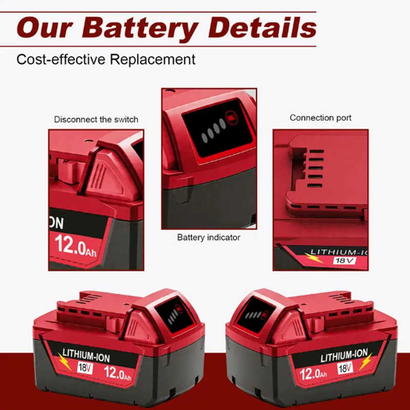M18 For Milwaukee 18V Power Tool Battery, Charger BR XC M18B5 48-11-1860, Built-in 18650 Power Tool Battery 6.0Ah/9.0Ah/12.0Ah