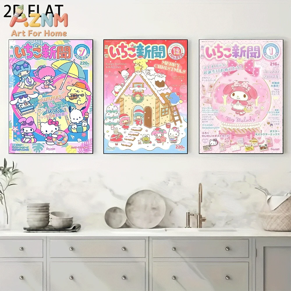 AZNM Sanrio My Melody Canvas Wall Art Unframed Cute Cartoon Magazine Cover Summer Christmas Birthday Theme Print Painting Bedroo