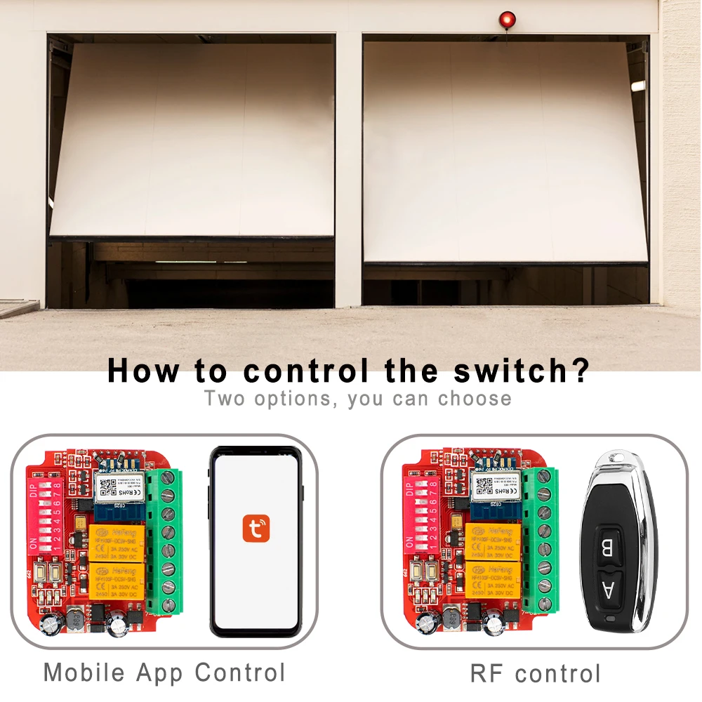 2CH Tuya WiFi or RF Control Switch AC/DC 9-30V /85-250V 433-900MHz Garage Smart Home Receiver for Smart Life Alexa Google Home