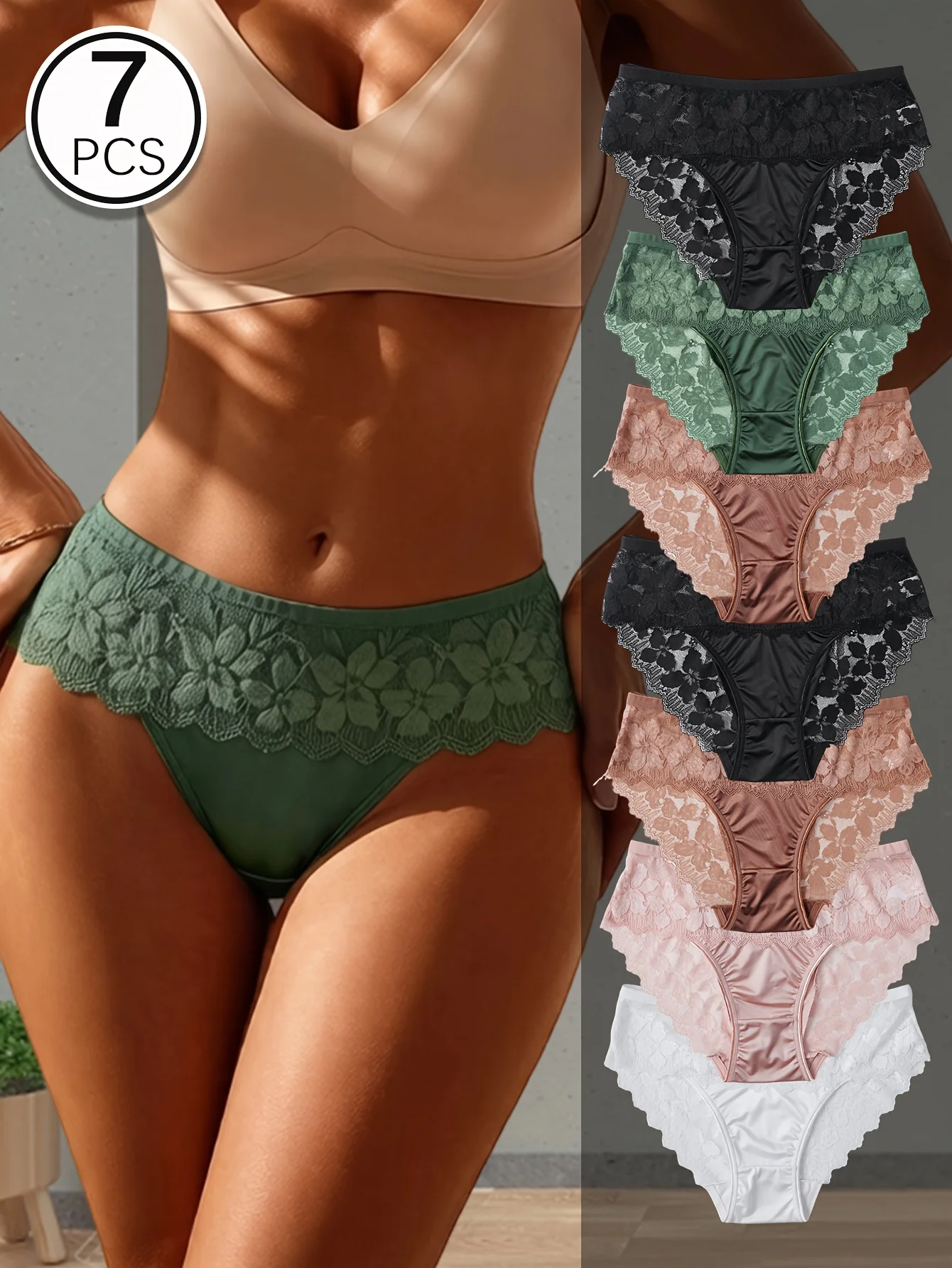 7‑Piece Set of Elegant Lace‑Satin Panties for Ms. Yin Mid‑Rise Solid Color Spliced Underwear, Opaque Full‑Coverage,Hand‑Washable