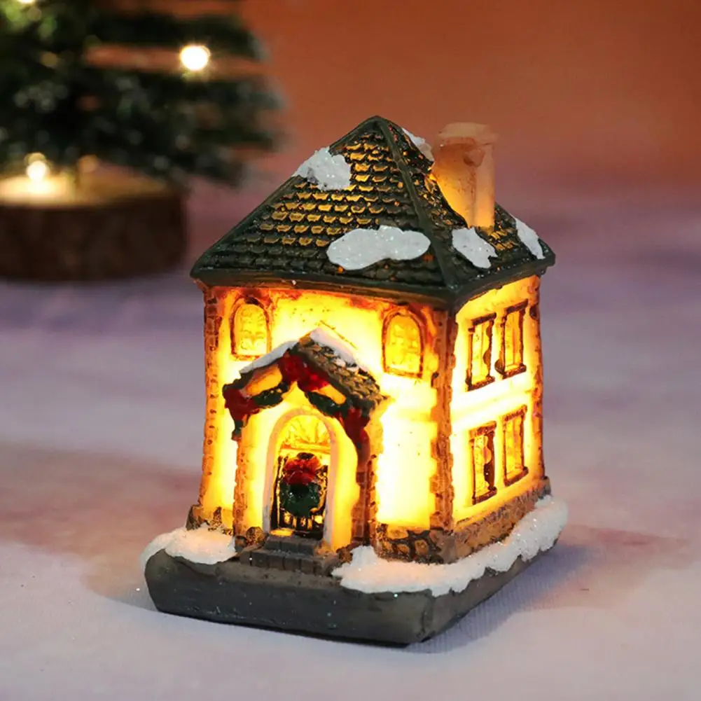 Resin House Ornament Light Christmas Glowing Warm Lighting Craft Desktop LED Snow Covered Decoration Figurine Statue Party Gift