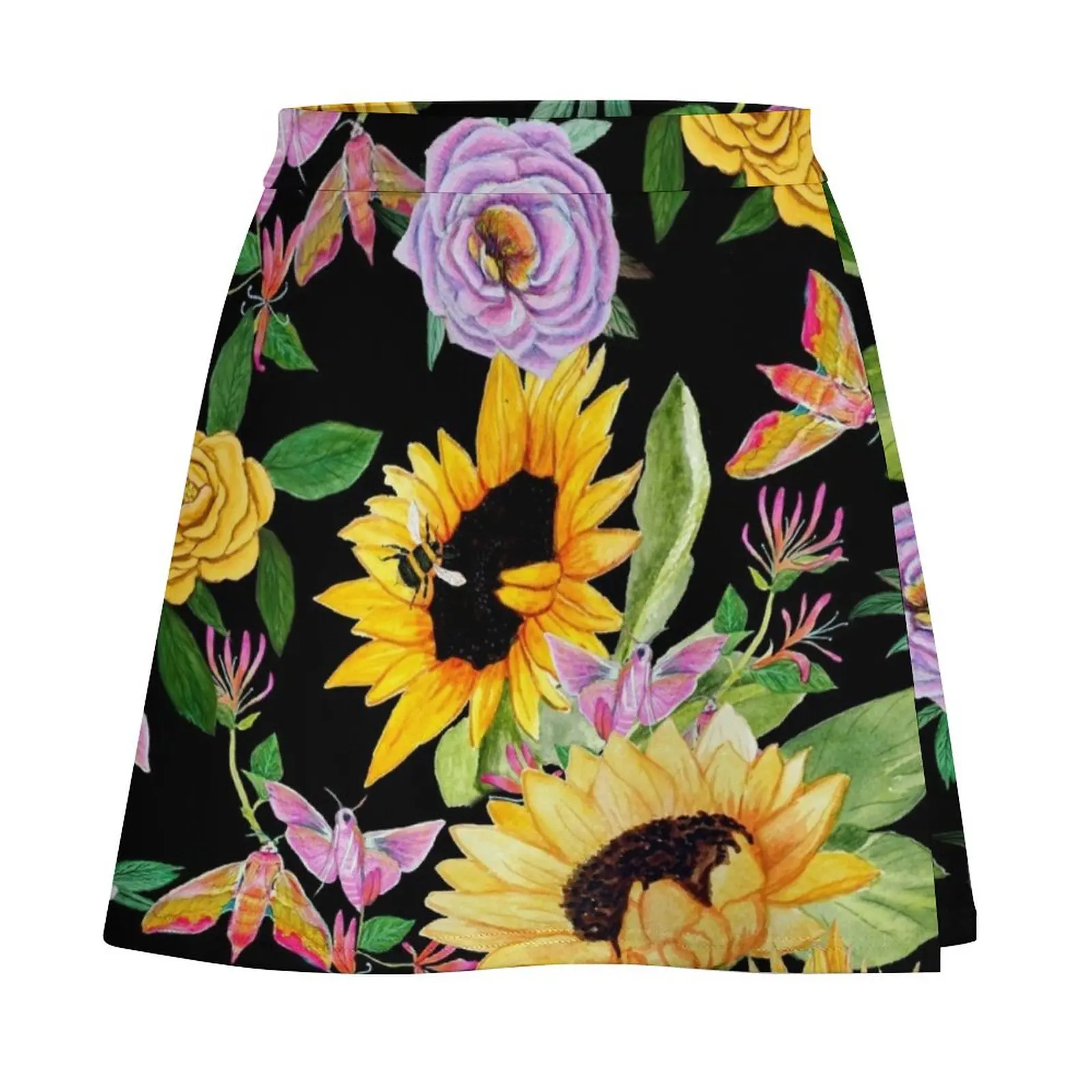 Honey bee , Sunflower , moth and peony in yellow, pink and lilac on black Mini Skirt fairy grunge Dresses