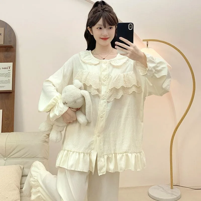 

Новый комплект для дома и отдыха больших размеров, похожий на кружево с вышивкой, однотонный, с длинными рукавами, в стиле принцессы, весенний, легкий, роскошный.