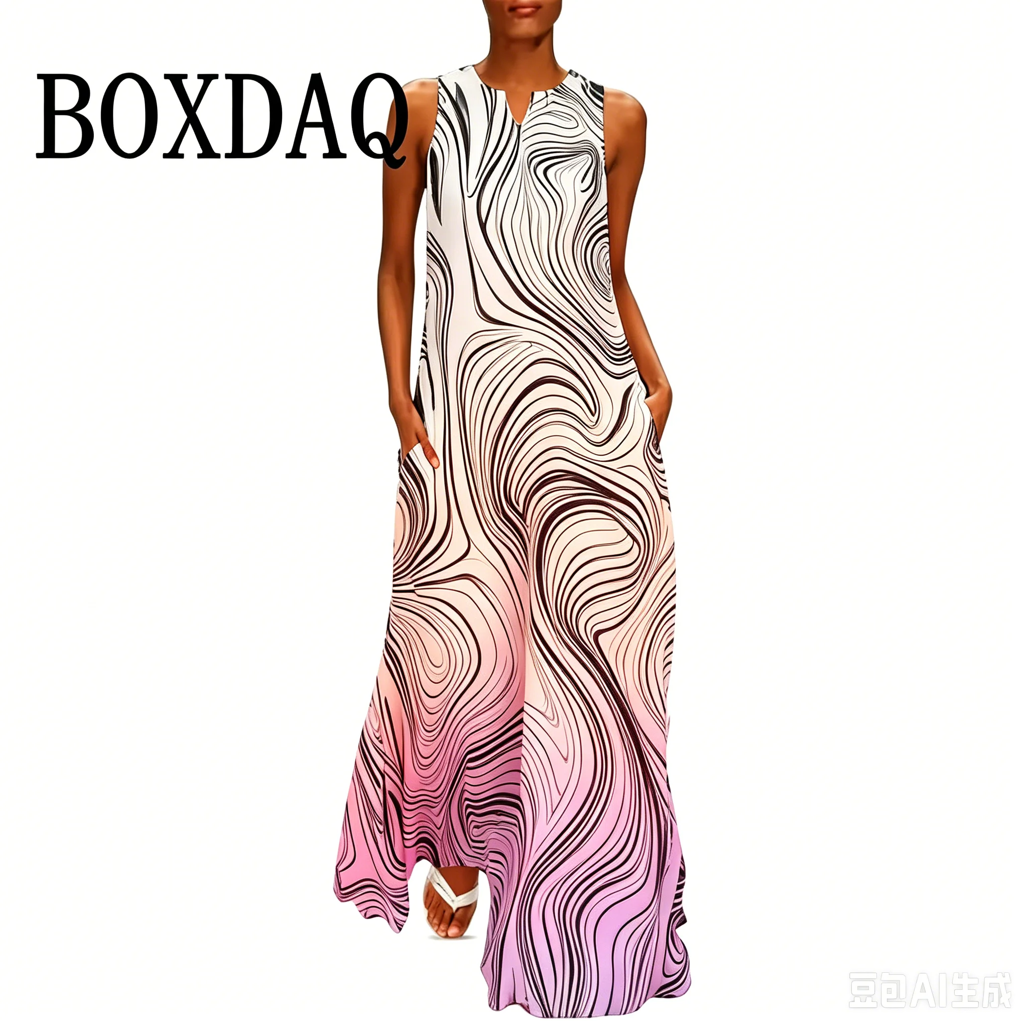 Gradient abstract Irregular Lines Long Dresses For Women Elegant 2026 Summer Sleeveless Dress Casual V-Neck Print Maxi Sundress