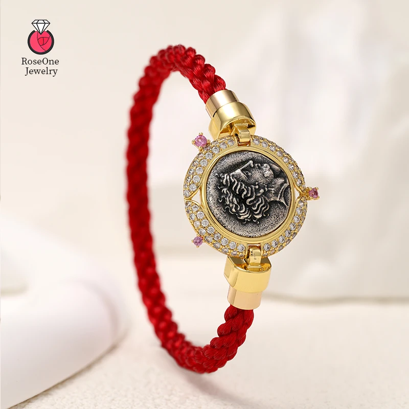 

RoseOne bracelet Antique coins ancient Roman Greek Narcissus Goddess Skula Coin Red Rope Bracelet 925 Silver Coins bracelet