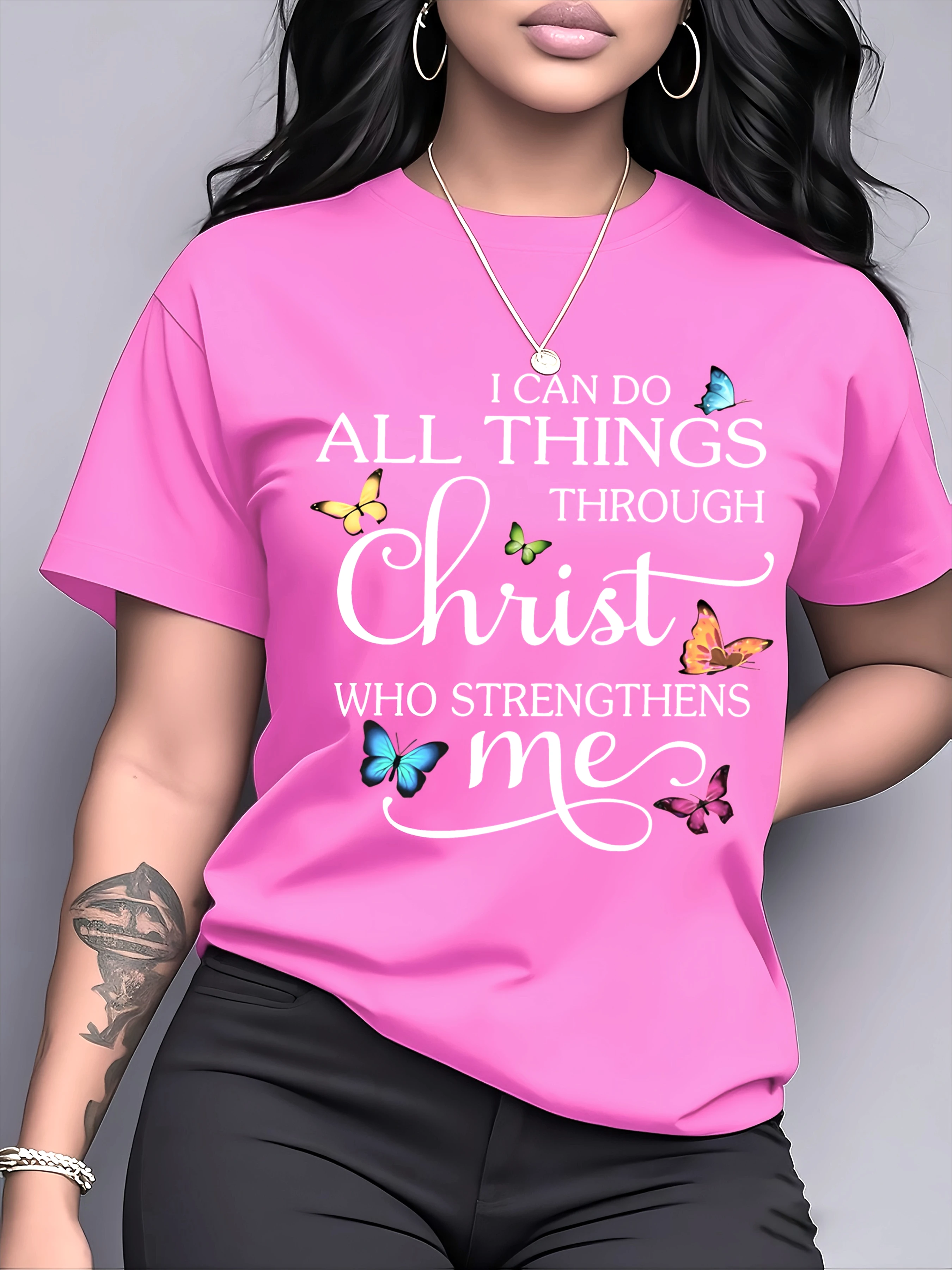 Camiseta con estampado "Puedo hacer todas las cosas a través de Cristo" para mujer, trajes diarios, regalos cristianos, Top de verano con estampado gráfico cómodo