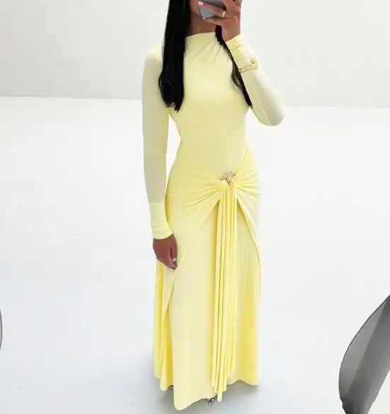 

Women Dresses 2026 Spring Autumn New Solid Color Elegant Long Sleeved Decorative Buckle Strap Slim Fit Temperament Long Dress