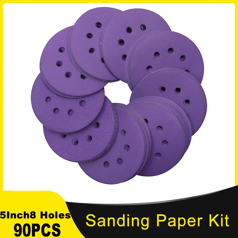 90 Pcs Sanding Paper Kit 5 Inch 8 Holes Hook & Loop 60-800 Grit Assorted Professional Purple orbital sandpaper Coarser to Finer