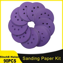 90 Pcs Sanding Paper Kit 5 Inch 8 Holes Hook & Loop 60-800 Grit Assorted Professional Purple orbital sandpaper Coarser to Finer