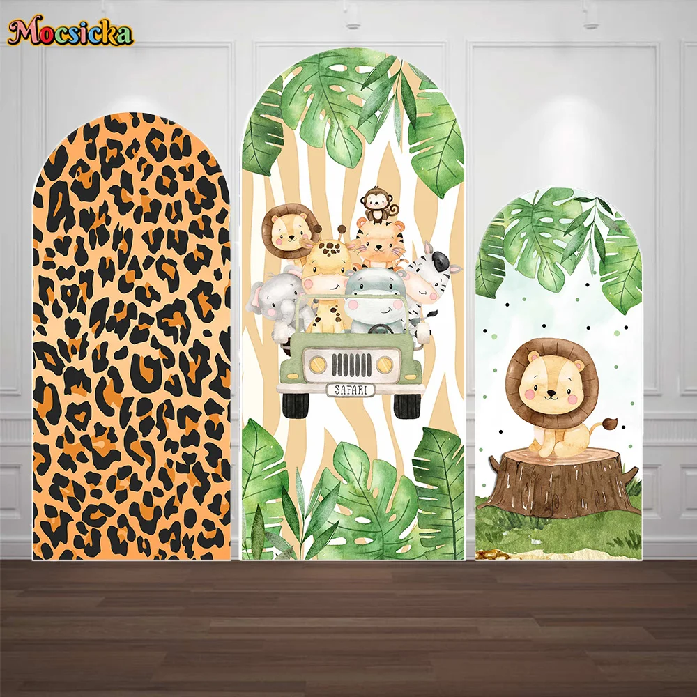 Safari Baby Shower Arched Backdrop Spring Forest Animal Green Leaf Double-sided Cover Background Decor Birthday Party Booth Prop