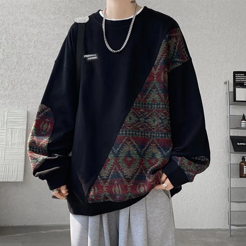 Vintage Nationality Print Spliced Men O Neck Long Sleeve Sweatshirt Autumn Winter Fashion Harajuku Casual 2xl Oversized Pullover