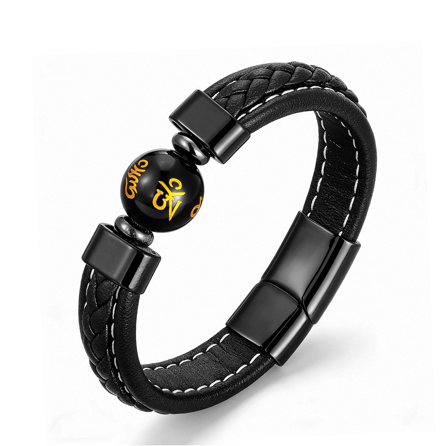 Men's Natural Stone Leather Bracelet Tiger Eye Lava Stone Stainless Steel Magnetic Clasp Bangle Fashion Vintage Jewelry For Men