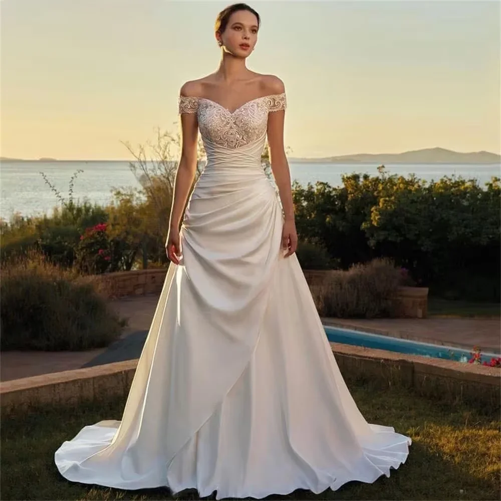 Aangepaste sexy A-lijn satijnen bruidsjurken 2025, boothals, mouwloze kanten trouwjurk, prinsessenbruidjurken van hoge kwaliteit