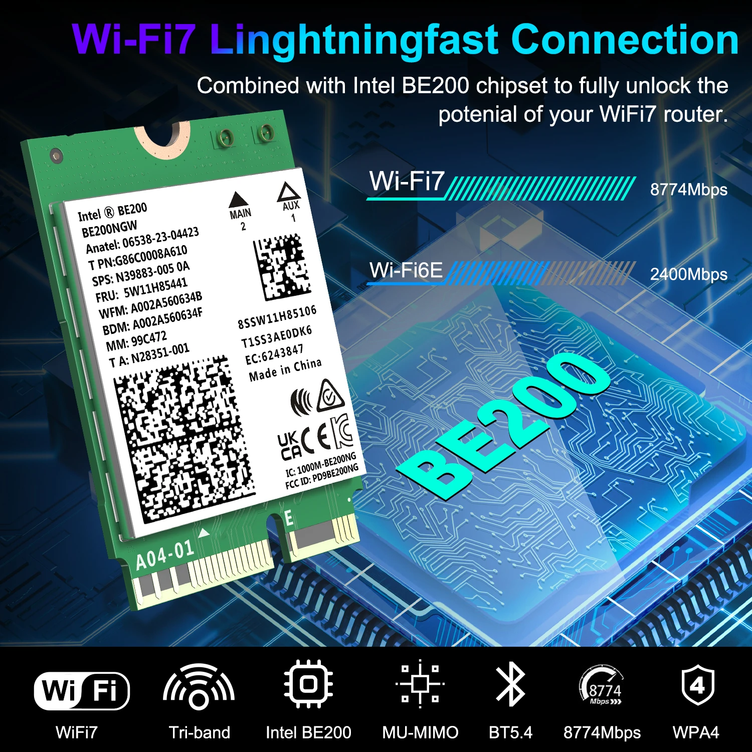 New WiFi 7 Intel BE200 Wireless WiFi Card Bluetooth 5.4 Tri Band 2.4G/5G/6GHz Module M.2 NGFF Network Adapter for Win10/11