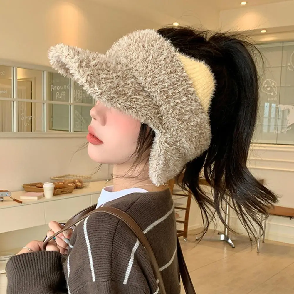 Fuzzy Brimmed Hat for Women Winter Visor Cap with Ear Flaps Plush Hat with Brim Open Top Ponytail Winter Hat Cute Cat for Women