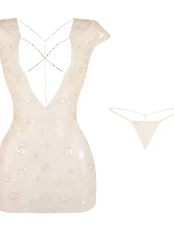 New Sexy Women's Sexy Transparent  Hot Shiny Nightclub Wear Hollow Floral Dress Backless Deep V Suspenders Sleeveless Dress 6L5O