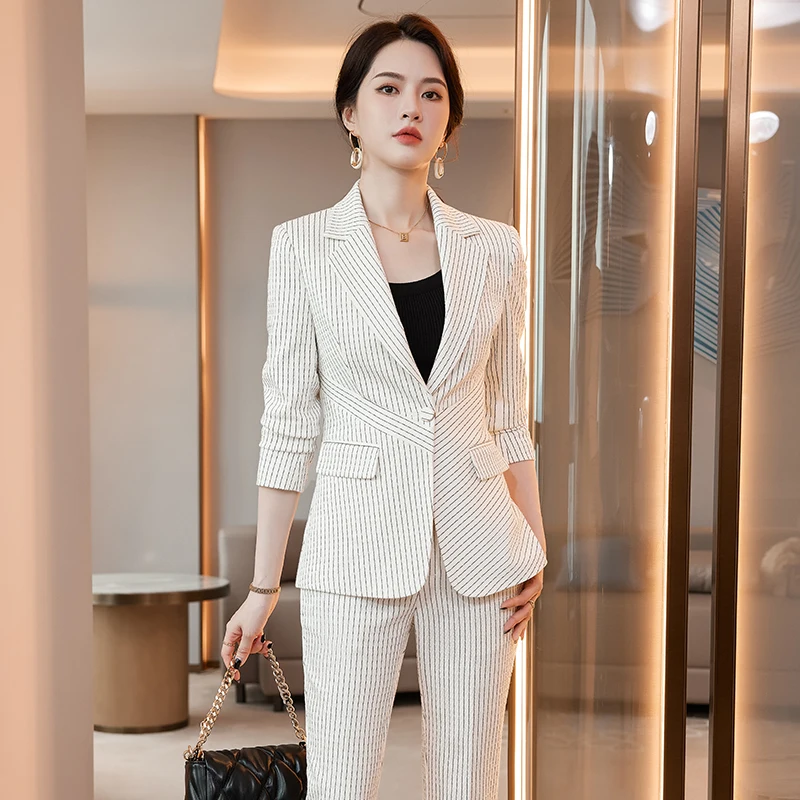 High Quality Fabric Elegant Striped Business Blazers Suits Autumn Winter Professional OL Styles Pantsuits for Women Ladies Work