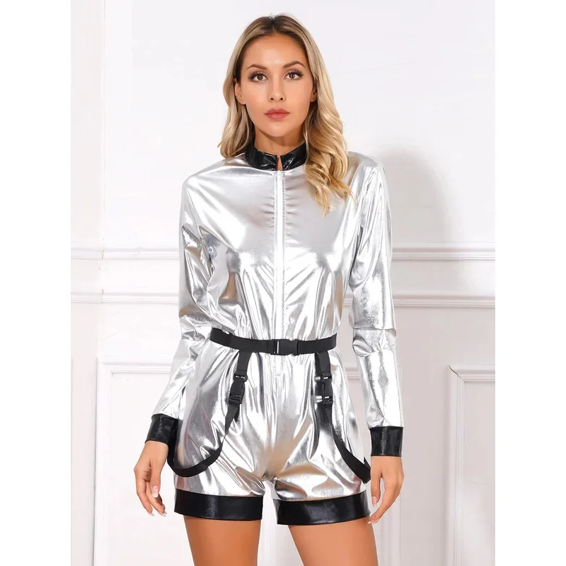 Womens Alien Costumes Halloween Astronaut Cosplay Uniforms Shiny Metallic Space Astronaut Jumpsuit Spaceman Pilots Outfits