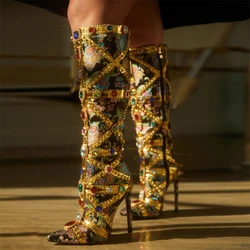 Eilyken Ins Style Runway Gemstone Crystal Stilettos Heels Women Knee-High Boots Zip Sexy Pointed Toe Stripper Botas De Mujer