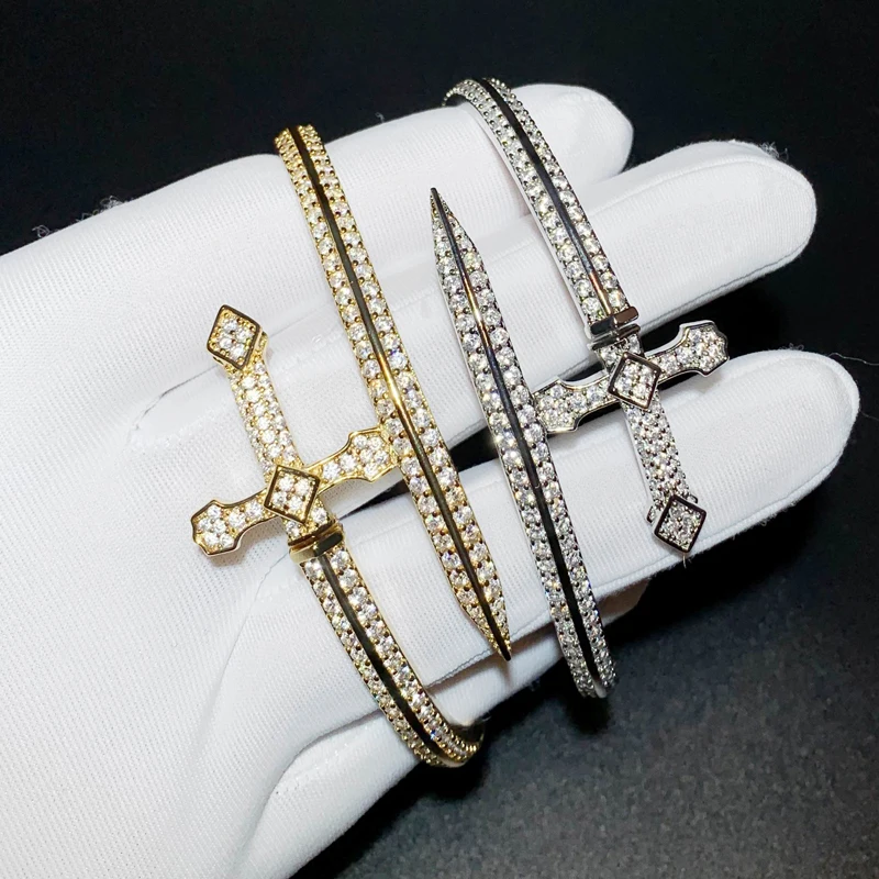 Micro Pave 5A Cubic Zirconia CZ Iced Out Bling Cross Hip Hop Sword Shaped Bangle Bracelet For Men 7