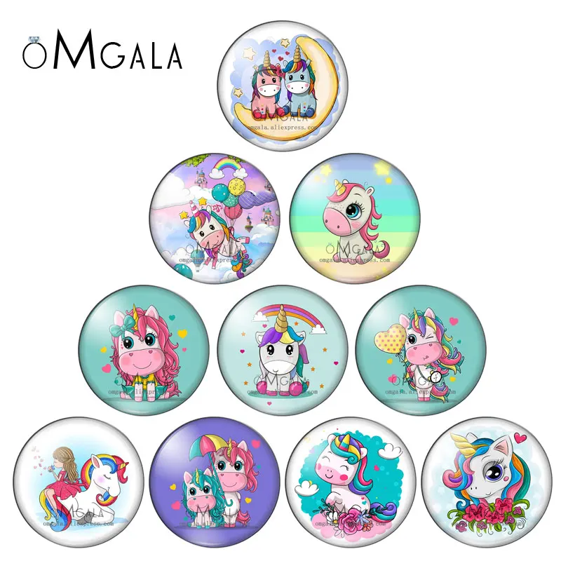 Fashion Cute Unicorn Cartoon Patterns 10pcs 12mm/18mm/20mm/25mm Round photo glass cabochon demo flat back Making findings ZB0948