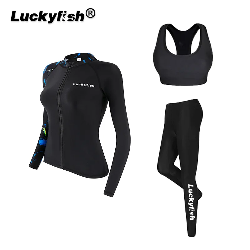 Donna UPF50 + Manica lunga Cerniera frontale Sport acquatici all'aperto Spiaggia Surf Camicie da bagno Pantaloni 3 pezzi Tappetino da bagno ad asciugatura rapida Rash Guard