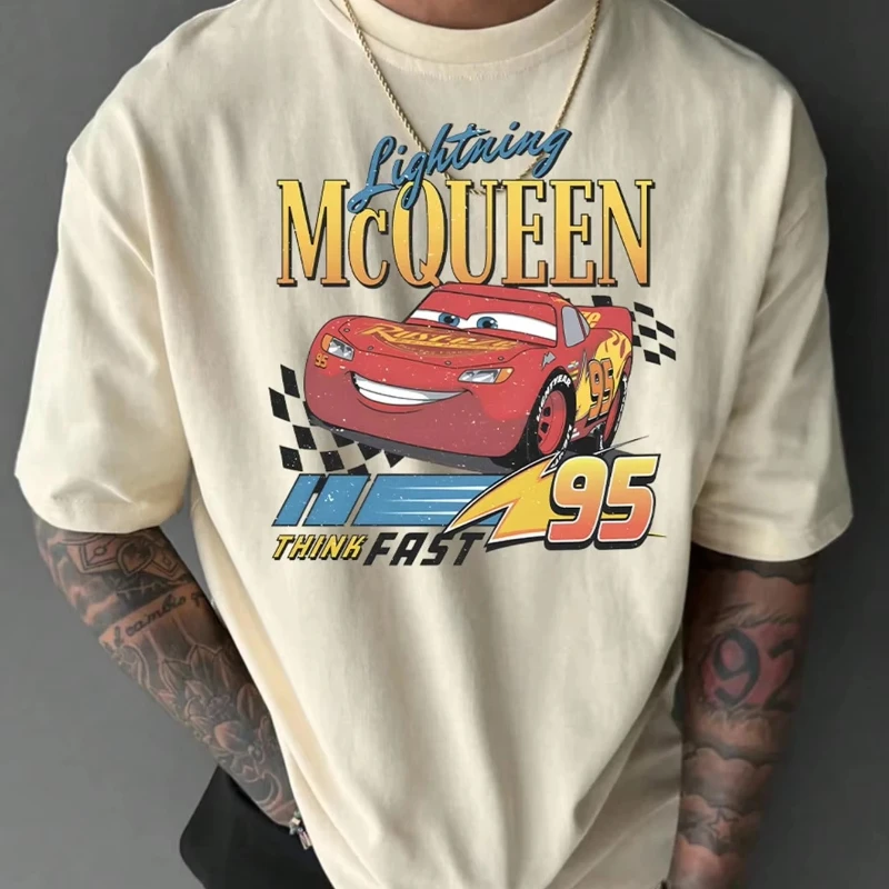 

Новая мужская повседневная футболка с короткими рукавами и принтом McQueen Disney, хлопковая мужская футболка, одежда, свободная футболка больших размеров