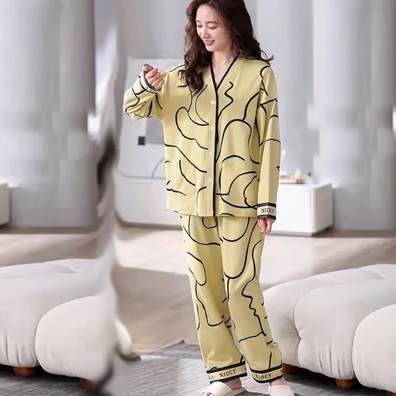 

Light Luxury Pajamas Women's Spring Summer Autumn Plus Size High-quality Long-sleeved Trousers Cardigan Two-piece Set Loungewear