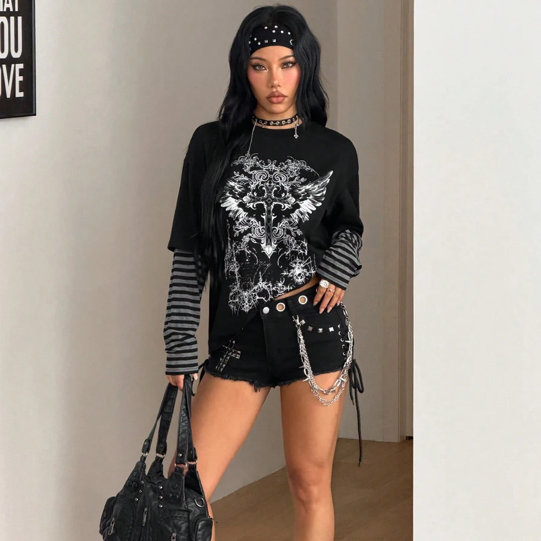 Y2K Gothic Printed Loose T-Shirt Top for Women Autumn Winter Long Sleeve Stripe Splicing Fake Two-Piece Set Spicy Girl Fashion