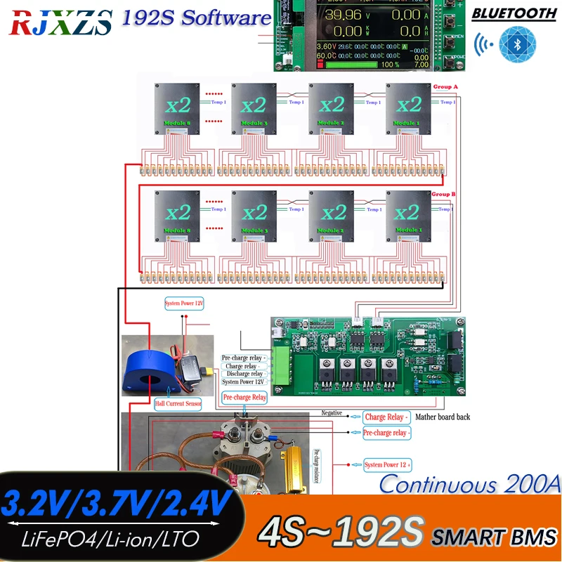 4S-192S 200A Smart YL DIY BMS LiFePO4 Li-ion LTO With Relay Bluetooth-Compatible APP Monitor Solar Power LCD Display