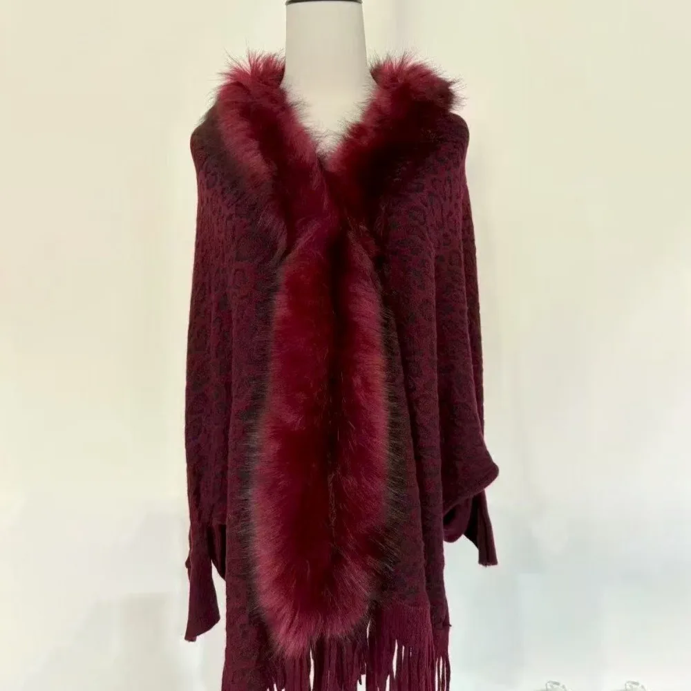 Winter Warm Faux Fur Collar Shawl Leopard Print Striped Mongolian Poncho Ethnic Style Cardigan Tassel Shawl For Autumn Winter