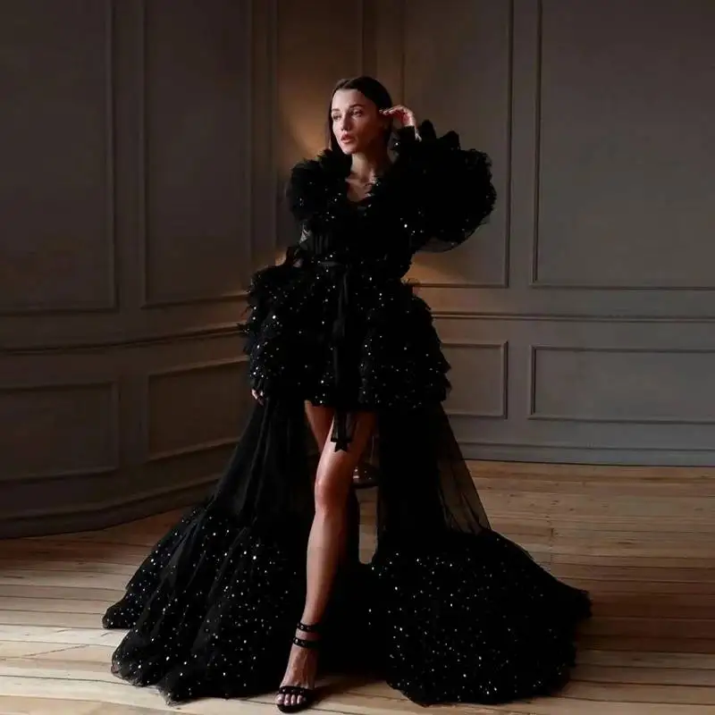 Gorgeous Full Sleeves Prom Gowns Tulle Layered Ruffles Sequin Women Party Dress Lush A Line See Through Prom Gown Black Tierred