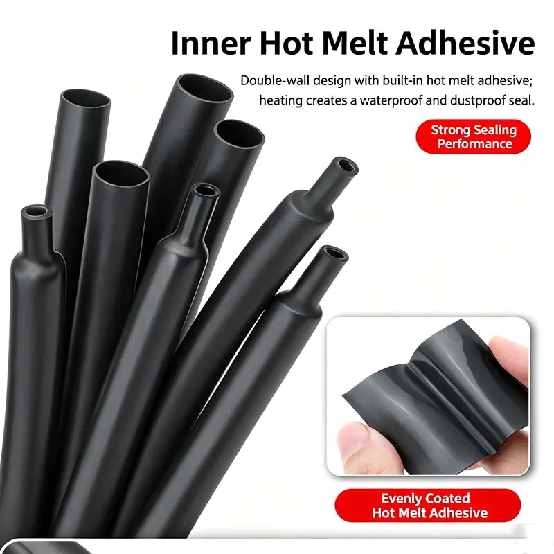 3:1 Double‑Wall Adhesive Heat Shrink Tubing, Waterproof Sealing Black Heat Shrink Tube 1.6‑30mm