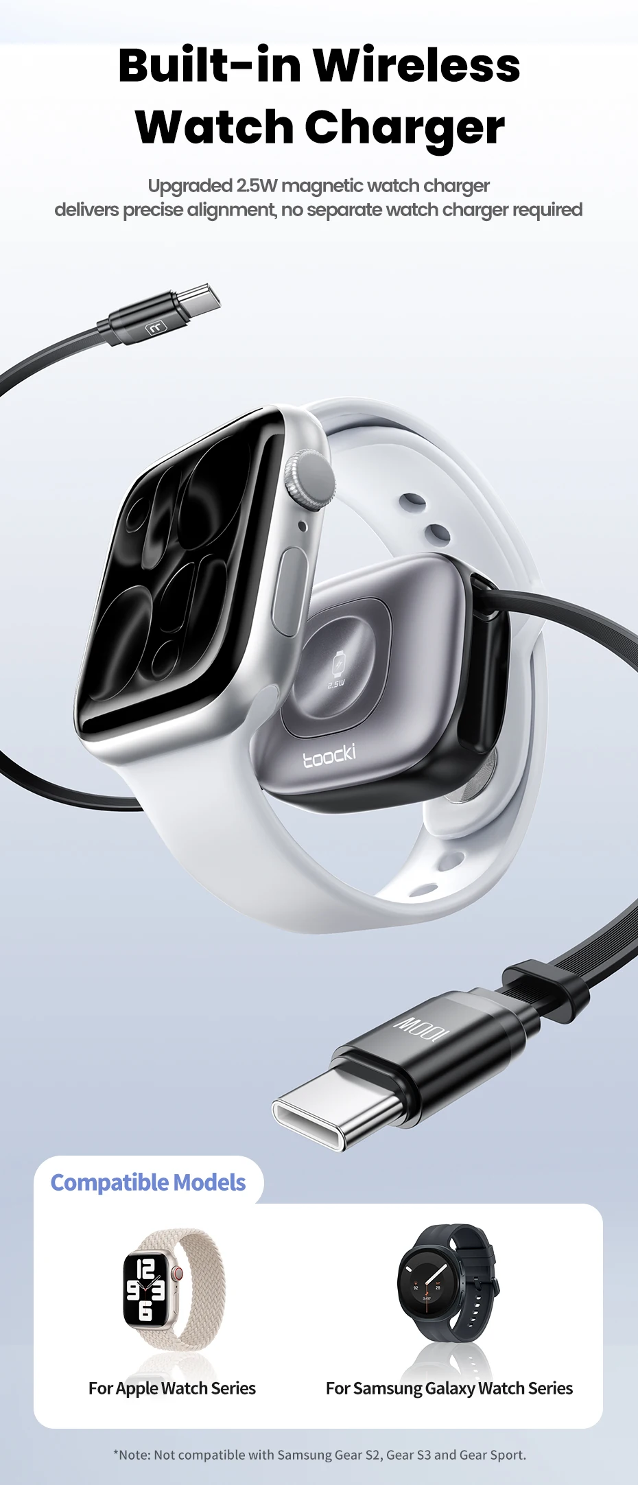 Toocki 2-in-1 ausziehbares Kabel PD100W USB-C Schnellladekabel + 2,5W kabelloses Uhren-Ladegerät für iPhone/Apple Watch Xiaomi Huawei – Detail 3
